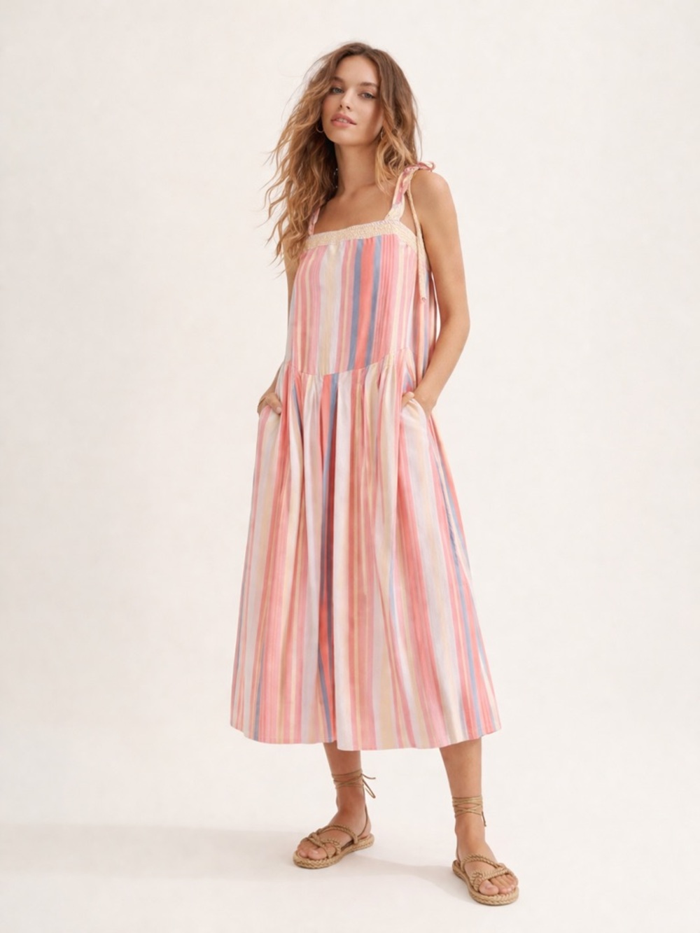 Free People Midi Dress Women Size S Pink Striped Tie Strap Smocked Cotton